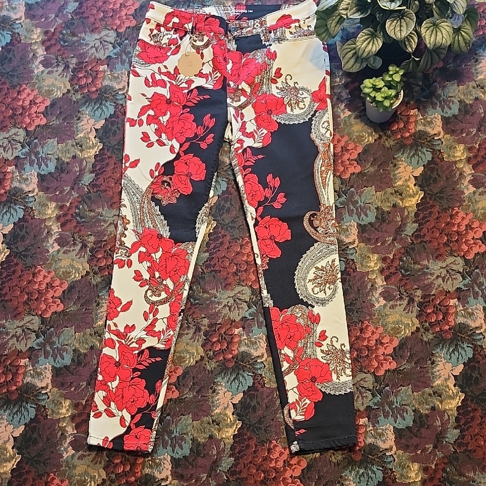 Chico's Red and Black Floral Skinny Pants